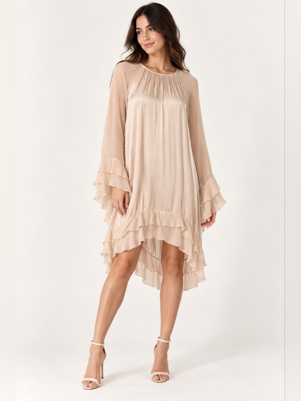 JAKI Estelle Cream Ruffle Satin Midi Dress Size Medium NWT